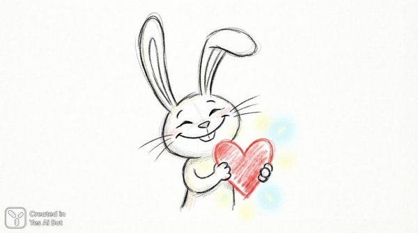 Забавный заяц с большими ушами и красным сердцем в руках. Нейронная сеть Нано Банана