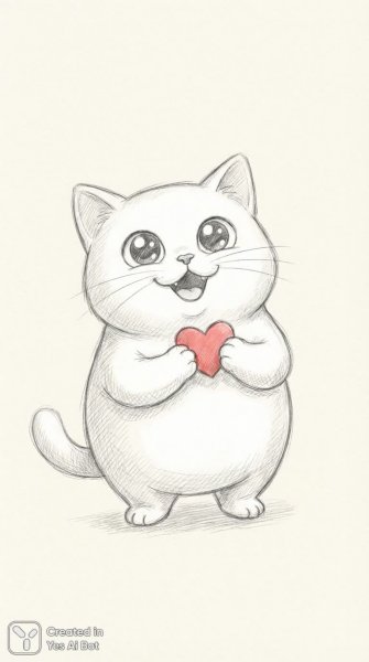 Забавный котенок с сердечком – милый эскиз в стиле мультфильма. Изображение из нейросети NanoBanana