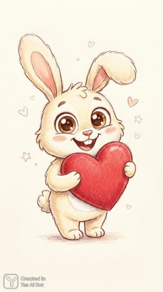 Забавный кролик с сердечком и счастливой улыбкой. Изображение из нейронной сети NanoBanana