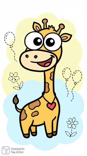 Игривый жираф с сердцем – иллюстрация радости и беззаботности. Картинка из нейронной сети Nano-Banana