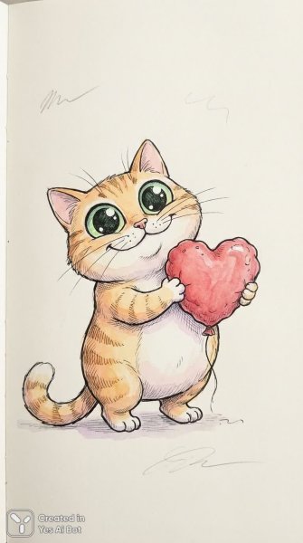 Забавный кот с большими глазами и красным сердцем во рту. Нейросеть Nano-Banana