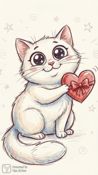 Забавный кот с сердечком — милое и трогательное изображение в простом стиле. Генерация из нейронной сети Нано Банана
