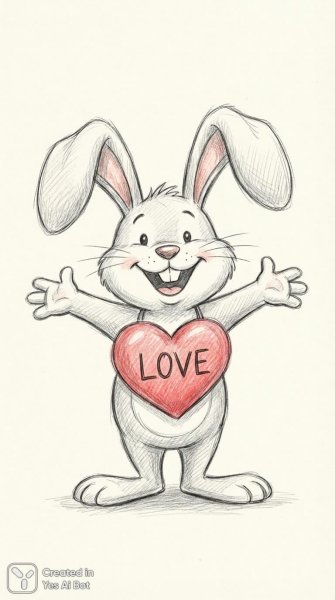 Забавный зайка с любовью в сердце и широкой улыбкой на белом фоне. Нейросеть NanoBanana