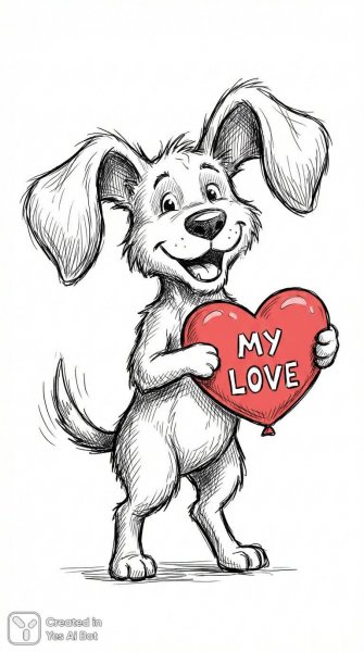 Милый щенок с любовью в сердце - жизнерадостный персонаж в забавной черно-белой иллюстрации. Генерация из нейронной сети Нано Банана