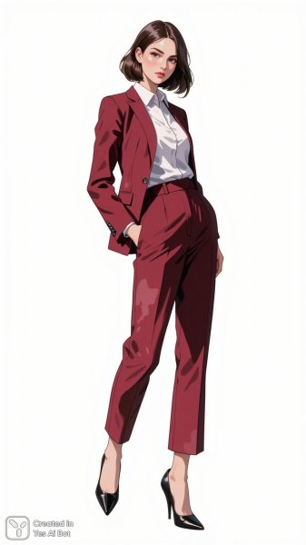 Элегантный образ в бордовом костюме и белой блузке для современной деловой женщины. Изображение из нейросети Flux.1