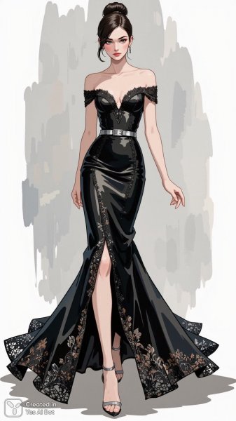 Изысканный образ: мода и кружево в элегантном черном платье. Картинка из нейронной сети Flux.1