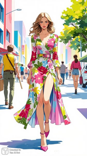 Женщина в платье с цветочным принтом и эффектным разрезом. Картинка из нейронной сети Flux