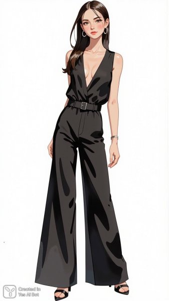 Элегантный образ: стильная женщина в черном комбинезоне и серебряных серьгах. Картинка из нейронной сети Flux