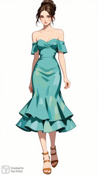 Иллюстрация моды: женщина в изумрудном платье с оборками и изящной прической. Генерация из нейросети Flux Ai