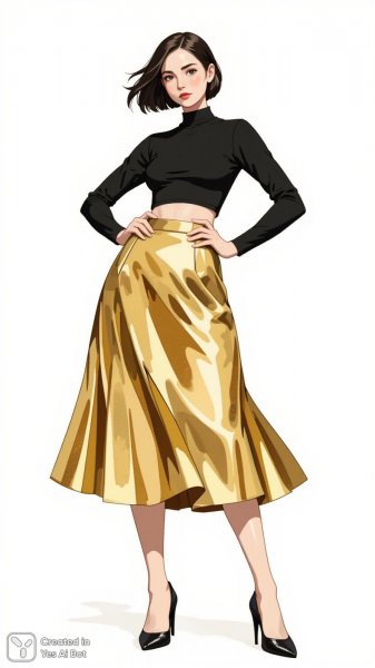 Золотой блеск и элегантность: модный иллюстративный образ современной женщины. Картинка из нейронной сети Flux