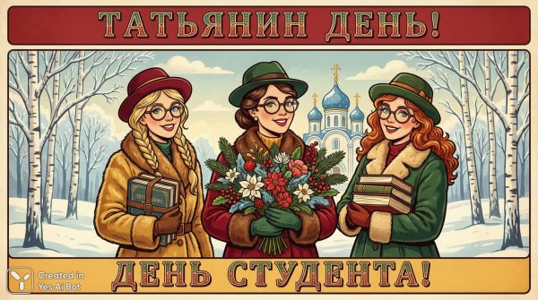 Студенты в русском стиле: Татьяна и День студента под зимним небом. Картинка из нейросети NanoBanana