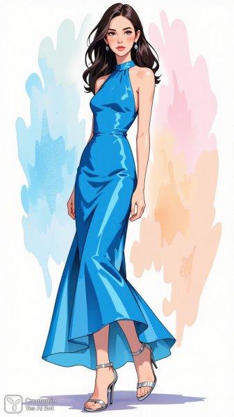 Яркий образ: женщина в голубом платье и серебряных туфлях. Генерация из нейронной сети Flux 1