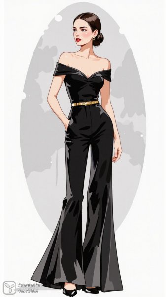 Изысканный образ: элегантность черного комбинезона и яркие акценты. Генерация из нейросети Flux.1