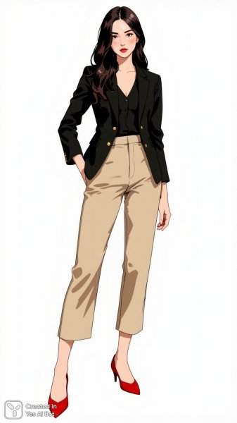 Элегантный образ: чёрный блейзер и бежевые брюки в современном стиле. Нейронная сеть Flux