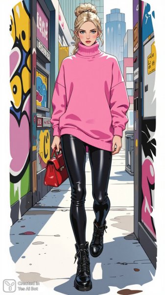 Розовый свитер и дерзкий городской стиль: иллюстрация моды. Генерация из нейросети Flux.1