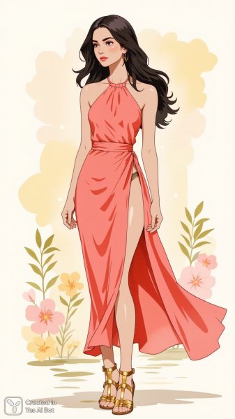 Элегантный образ в коралловом платье: летняя мода и романтика. Изображение из нейросети Flux Ai