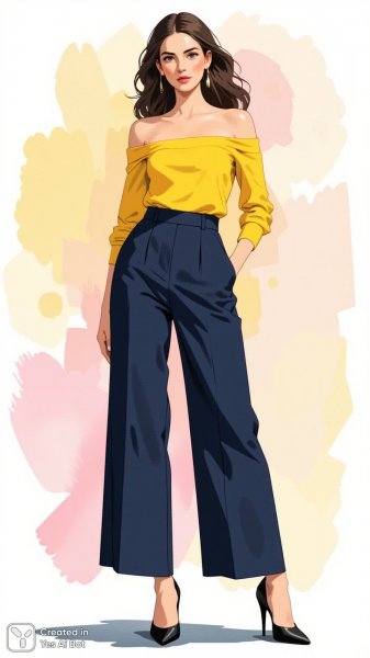 Яркий образ: женщина в желтой кофте и брюках. Картинка из нейронной сети Flux.1