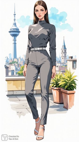 Женщина в стильном комбинезоне на крыше города. Нейросеть Flux Ai