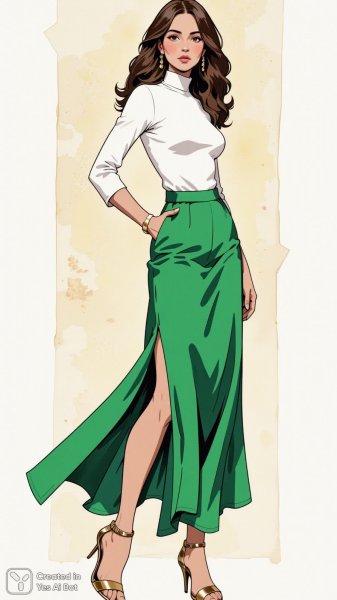 Женщина в изумрудной юбке и белом гольфе: стильная иллюстрация моды. Нейронная сеть Flux