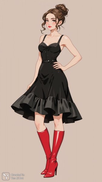 Иллюстрация моды: стильная женщина в черном платье миди с красными сапогами и собранной прической. Генерация из нейронной сети Flux