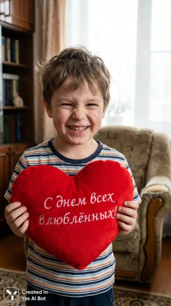 Мальчик с сердцем – поздравление со Днем святого Валентина. Картинка из нейросети Nano-Banana
