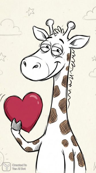 Милый жираф с огромными глазами и красным сердцем в пасти. Картинка из нейронной сети NanoBanana