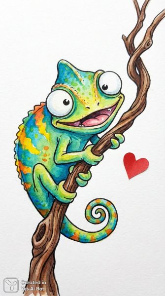 Хамелеон с выразительными глазами на ветке и красным сердцем. Нейронная сеть Nano Banana