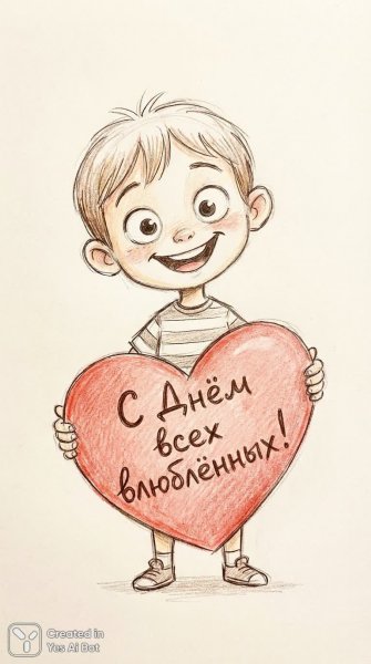 Детский рисунок с любовью и поздравлением на день всех влюблённых. Нейросеть NanoBanana