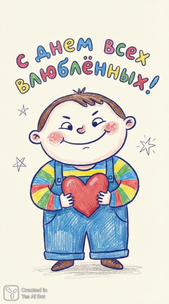 Весёлый мальчик с круглым лицом и красным сердцем – поздравление со Днем святого Валентина. Изображение из нейросети Nano-Banana