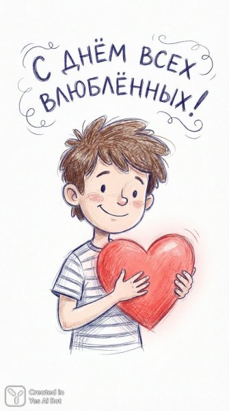 Радостный мальчик с красным сердцем и праздничным посланием. Изображение из нейронной сети Нано Банана