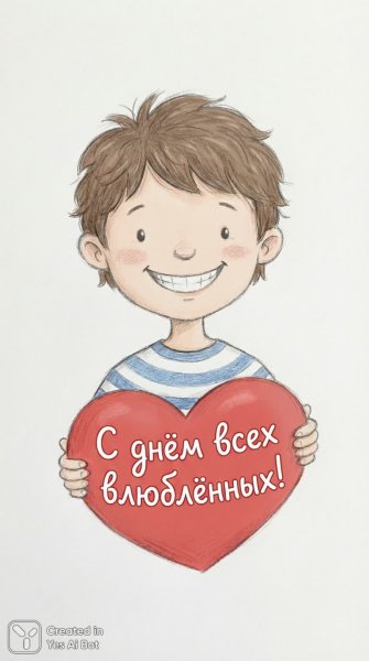 Мальчик с большим сердцем и поздравлением ко Дню всех влюблённых. Генерация из нейросети Нано Банана