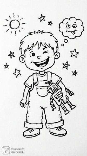 Весёлый мальчик: чёрно-белый мультяшный эскиз с простыми линиями и игривыми выражениями. Генерация из нейронной сети Nano-Banana