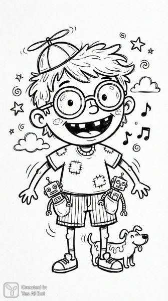 Весёлый мальчик: чёрно-белая иллюстрация в мультяшном стиле. Изображение из нейросети Nano Banana