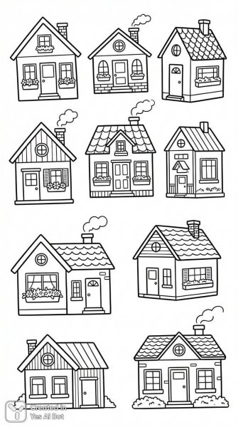 Домики в черно-белом стиле: уютный мультяшный мир для детей и взрослых. Нейросеть Нано Банана