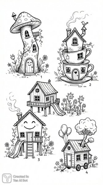 Очаровательные домики: минималистичный эскиз в черно-белых тонах с декоративными растениями и индивидуальным характером. Нейронная сеть Nano Banana