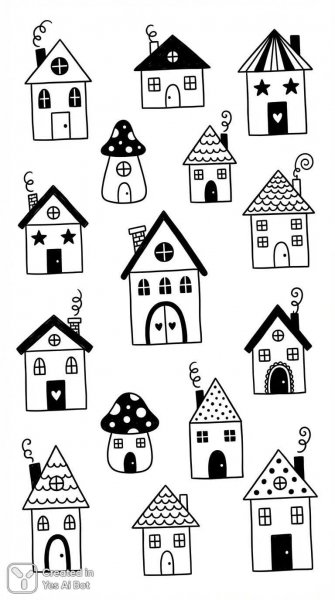 Милые домики в стиле минимализм: черно-белые эскизы и уютная атмосфера. Картинка из нейросети Nano Banana