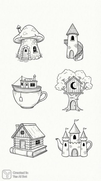 Сказочные дома в черно-белом стиле с уникальным дизайном и волшебной атмосферой. Изображение из нейронной сети Nano Banana