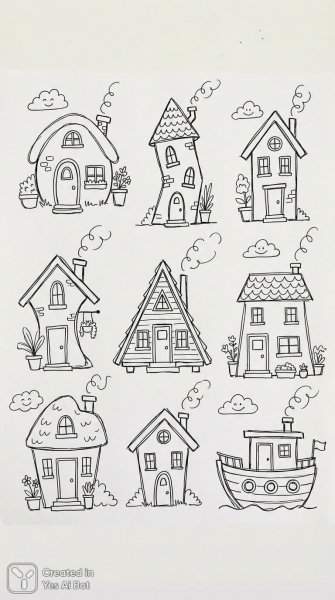 Милые домики в стиле детского рисунка и черной линии. Картинка из нейросети NanoBanana