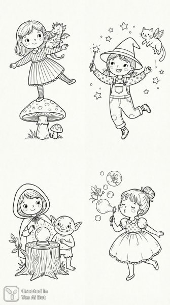 Милые девочки в черно-белых эскизах: фантазийные персонажи и забавные позы. Картинка из нейронной сети Нано Банана