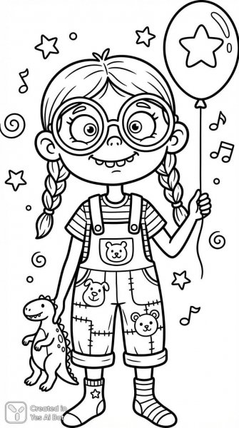 Забавная девочка раскраска черно-белый рисунок с улыбкой и деталями в детском стиле. Нейросеть Нано Банана