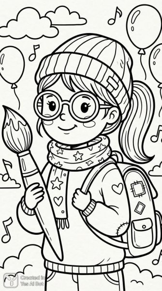 Весёлая девочка в чёрно-белом стиле - творческий рисунок для раскрашивания с аксессуарами и счастливым лицом. Нейронная сеть Nano-Banana