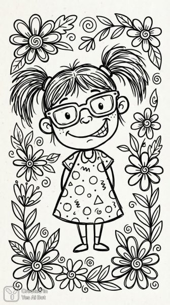 Милая девочка в стиле дудла: весёлый рисунок для раскрашивания с цветами. Нейронная сеть Nano Banana
