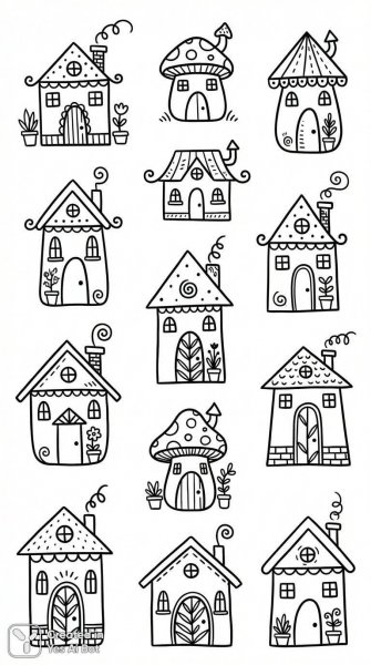 Очаровательные домики: черно-белый мир минималистичных иллюстраций и игривых деталей. Генерация из нейронной сети Нано Банана