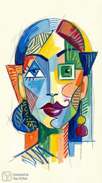 Яркий кубизм: женский портрет в абстрактных формах и графических текстурах. Нейронная сеть NanoBanana