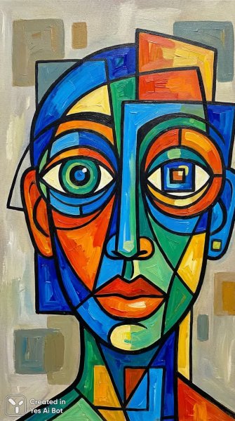 Яркий портрет в стиле кубизма с геометрией и акцентами. Картинка из нейронной сети NanoBanana