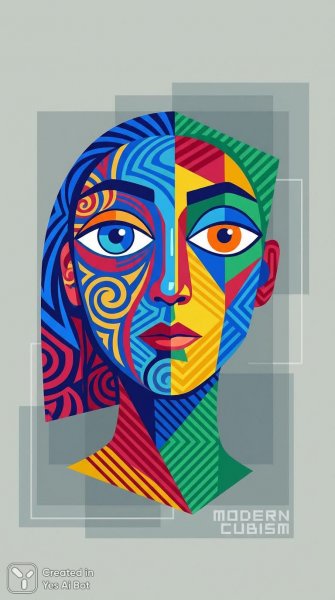 Яркий портрет с динамикой и сложными графическими узорами в стиле кубизма. Изображение из нейронной сети Nano-Banana