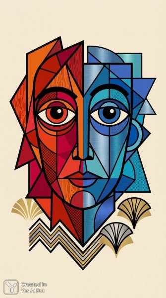 Кубизм и контраст: лицо в красном и синем цвете с элементами ар-деко. Нейросеть Nano-Banana