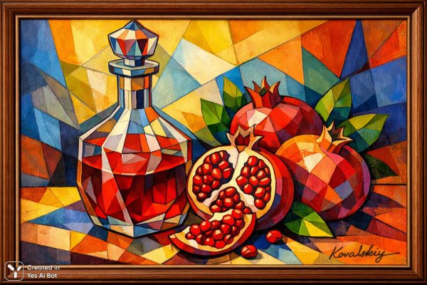 Кубистический натюрморт: Графин, фрукты и яркая палитра. Генерация из нейросети Sora Images