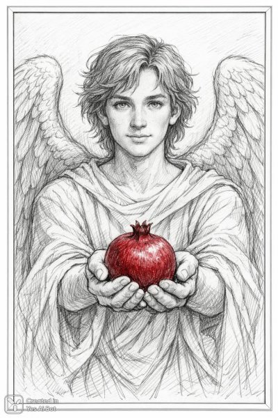 Ангел с гранатом: нежный карандашный эскиз в белой рамке для вдохновения. Нейросеть Sora images Ai