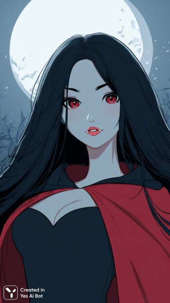 Загадочная вампирша под лунным светом: аниме-искусство и мечтательное настроение. Нейронная сеть Midjourney